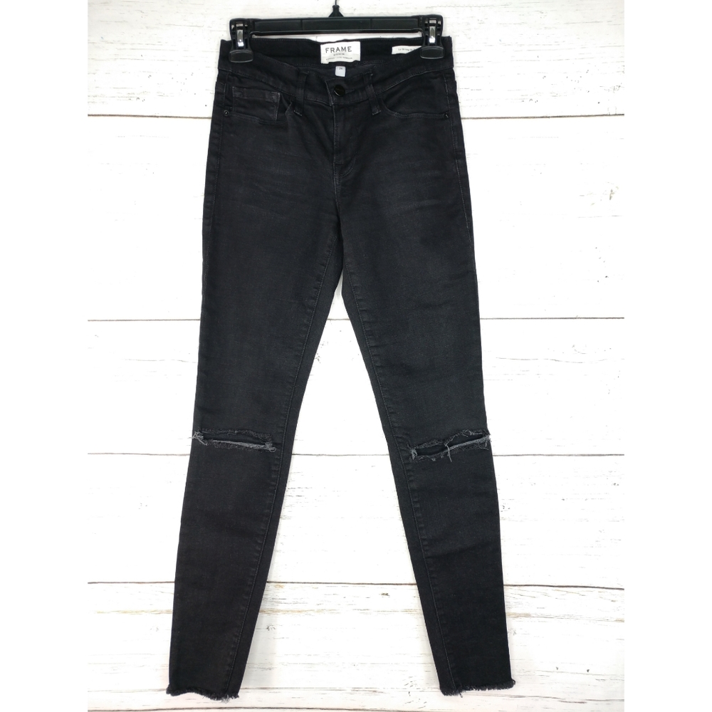 Frame Le Skinny De Jeanne Distressed Black Denim Jeans Women's Size 24